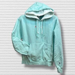 CHAMPION  Reverse Weave Double Hoodie In Ice Fall/white Size Large